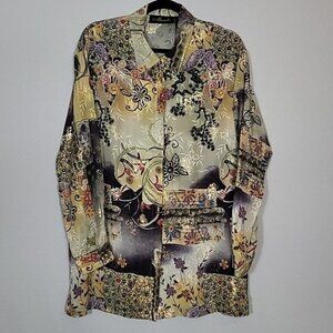 Murelli Women Silk Button Up Shirt Size L Floral Geisha Long Sleeve Asian